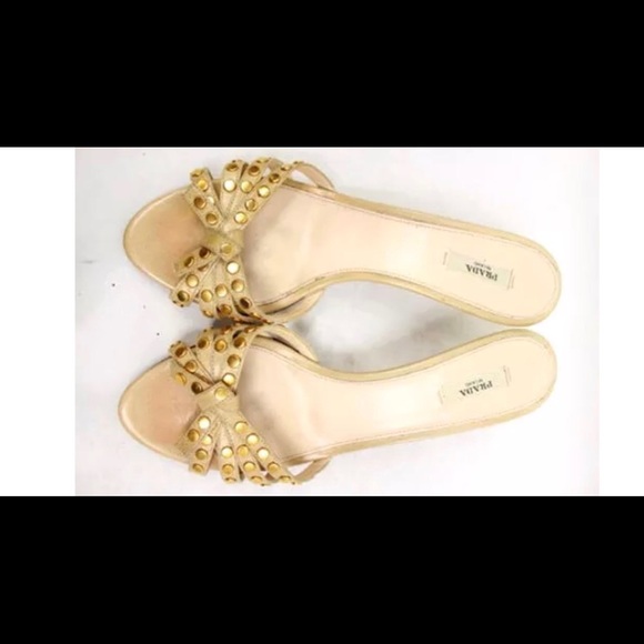 Prada Shoes - Prada ivory kitten heel mules with studs, size 38